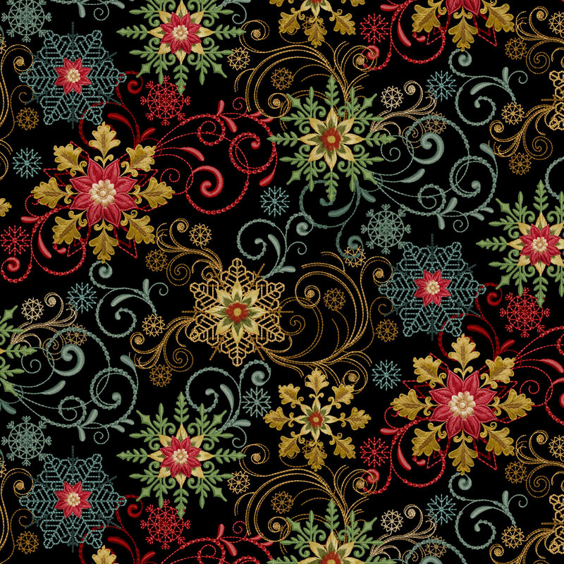 Black fabric with a scattered design of poinsettias stacked on top of swirling snowflakes.