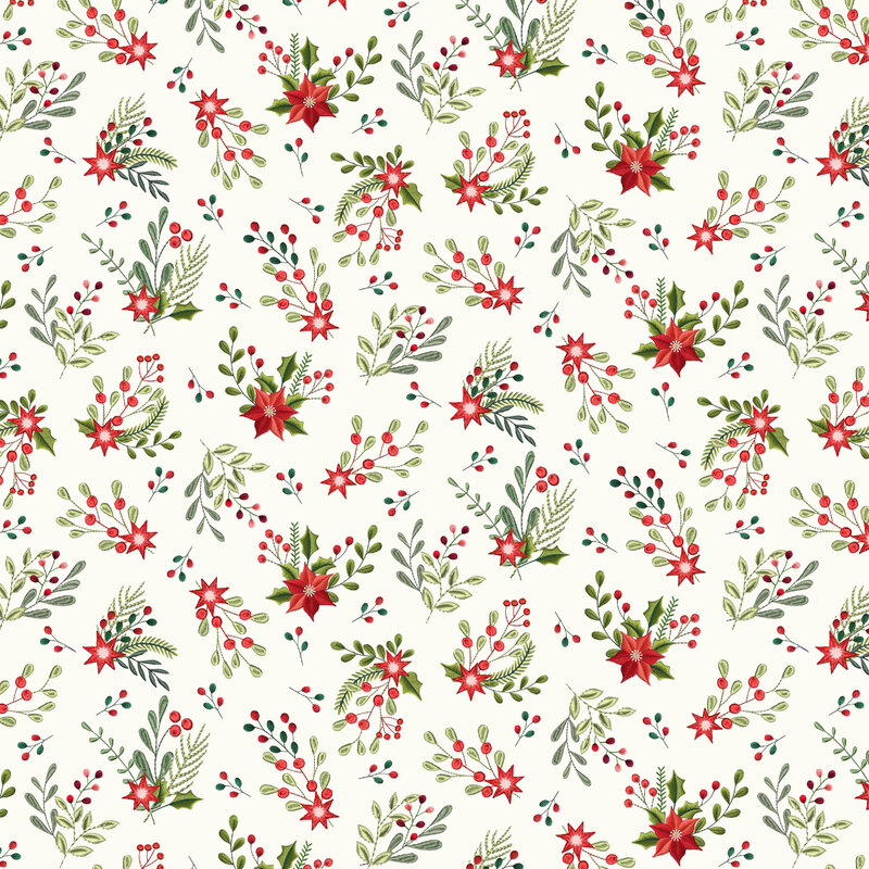 White fabric with a tossed pattern of Christmas berries and poinsettias.