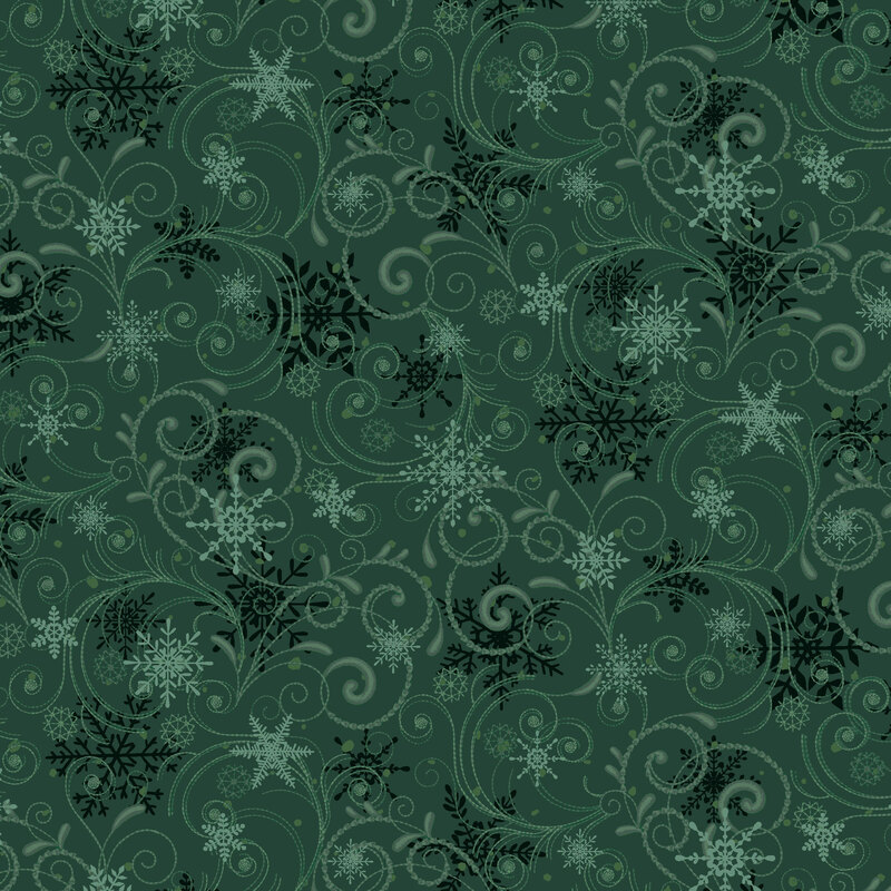 Pine green fabric with an encompassing tonal swirl scattered with snowflakes.