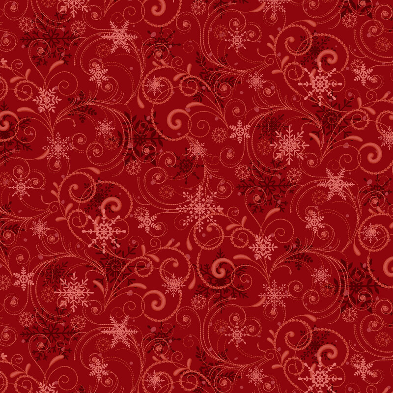 Christmas red fabric with an encompassing tonal swirl scattered with snowflakes.