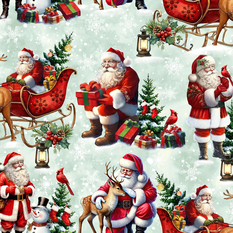 Mottled light aqua fabric with various scenes of Santa petting reindeer, riding in his sleigh, holding presents around a Christmas tree, and more.