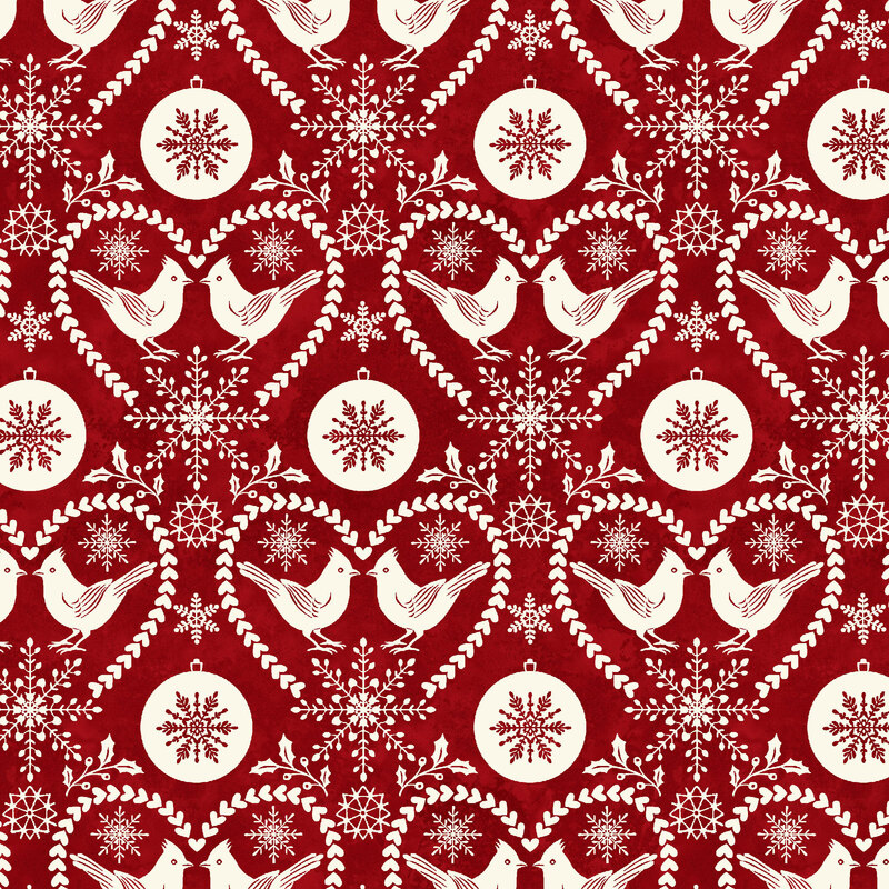 Mottled red fabric with an all white design of hearts, nestling cardinals, and snowflakes scattered with ornaments and holly sprigs.