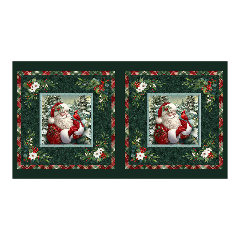 Pine green pillow panel with two blocks of Santa in a wintry landscape holding a cardinal, bordered by swirls and groups of botanicals