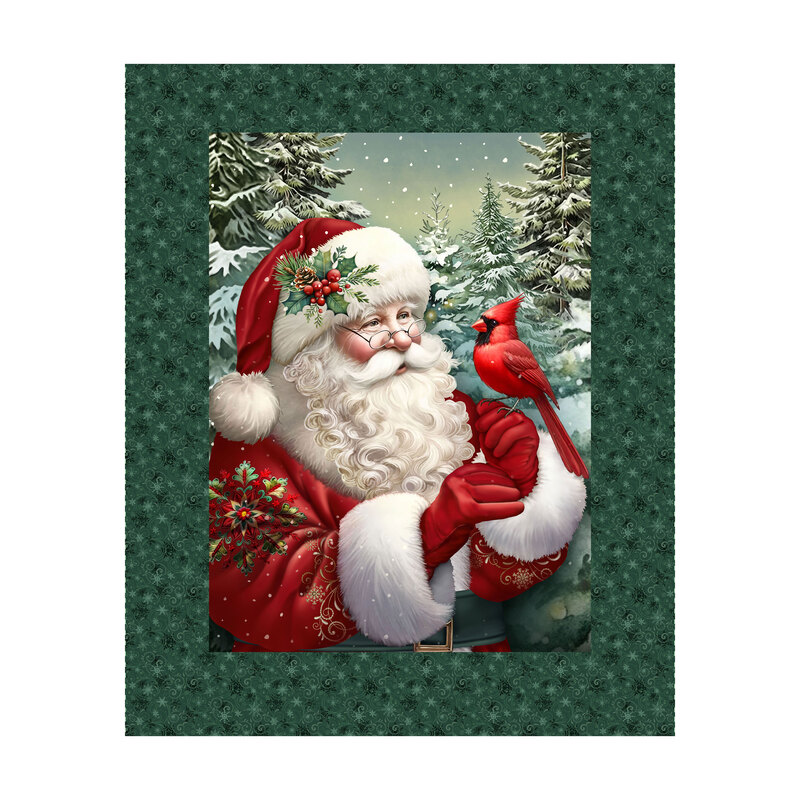 Pine green panel with a block of Santa in a wintry forest scene, holding a cardinal and bordered by an intricate swirling background.