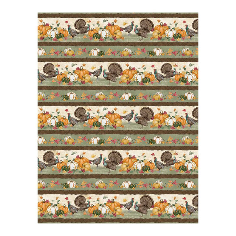 Cream border stripe fabric with rows of turkeys and pumpkins.