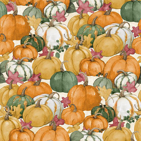 Cream fabric with various colors and sizes of pumpkins.