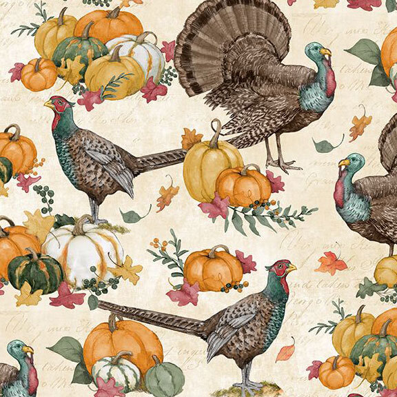Cream fabric with turkeys and pumpkins on a background with elegant handwriting.