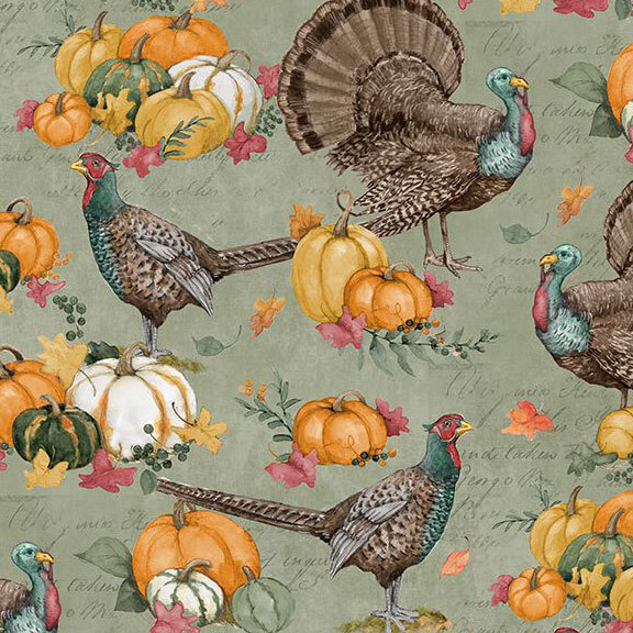 Sage green fabric with turkeys and pumpkins on a background with elegant handwriting.