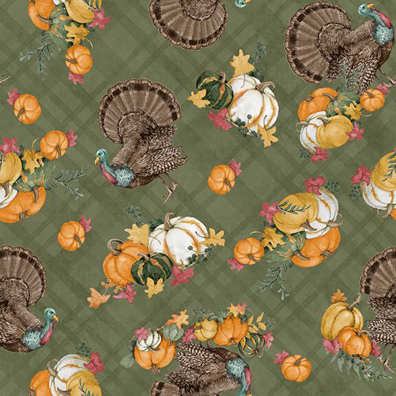 Sage green fabric with tossed turkeys and pumpkins on a diagonal plaid background.
