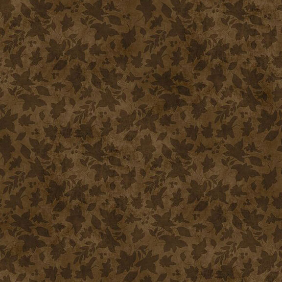 Brown fabric with tonal silhouettes of fall leaves.