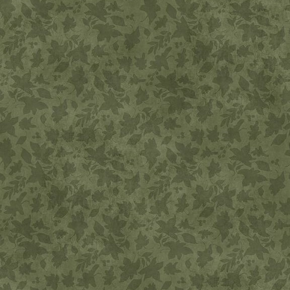 Sage green fabric with tonal silhouettes of fall leaves.