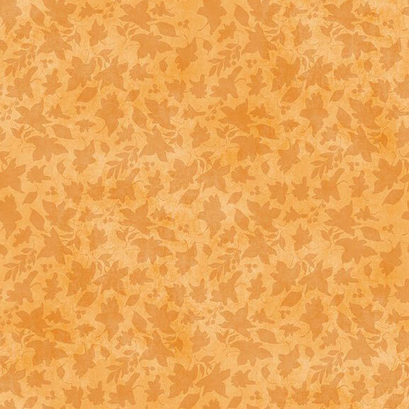 Orange fabric with tonal silhouettes of fall leaves.