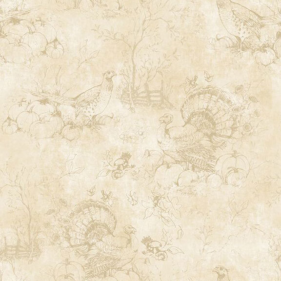 Cream fabric with tonal scenes of turkey, pheasant, and pumpkin toile.