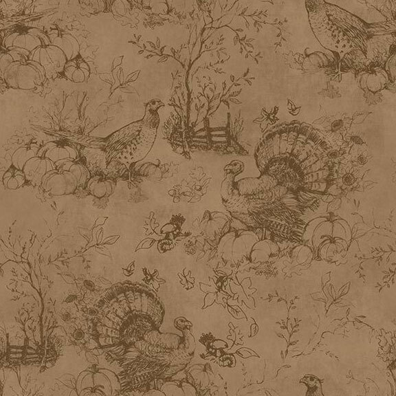 Brown fabric with tonal scenes of turkey, pheasant, and pumpkin toile.