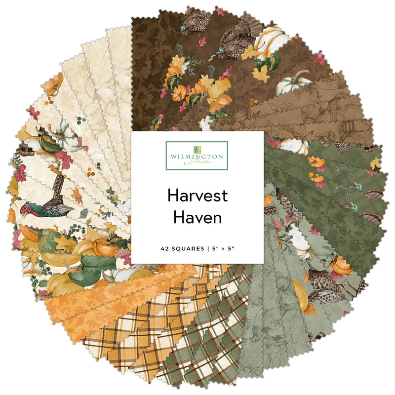 Digital collage of the 5" Squares Bundle from the Harvest Haven fabric collection.
