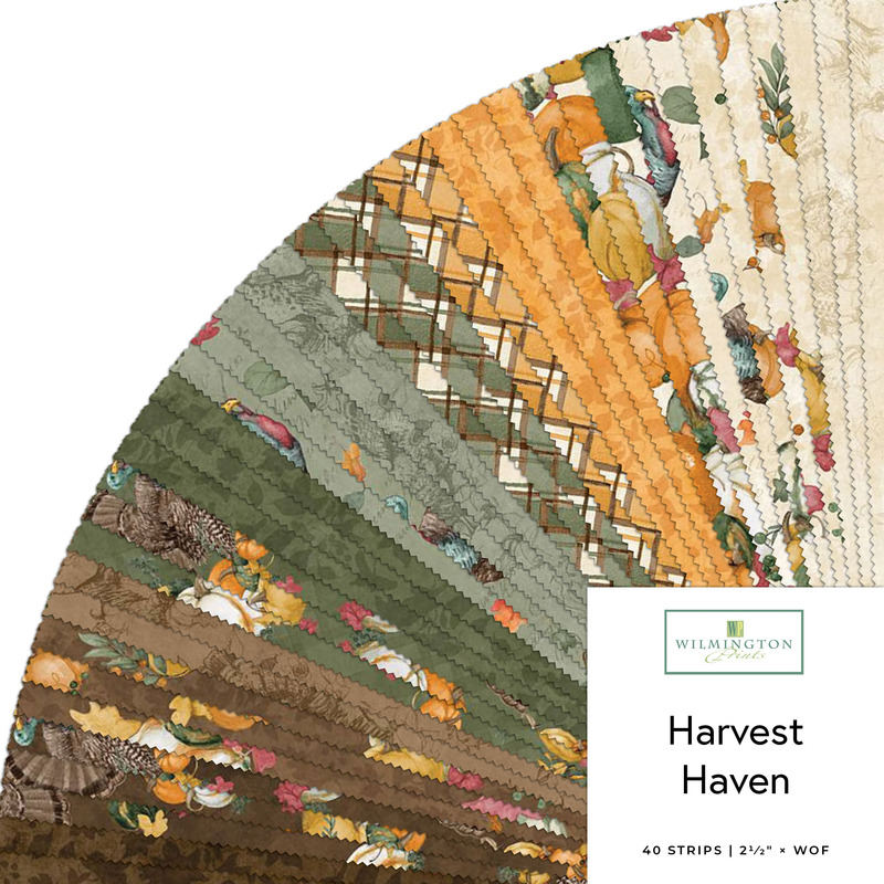 Digital collage of the 2.5" Strip Roll Bundle from the Harvest Haven fabric collection.