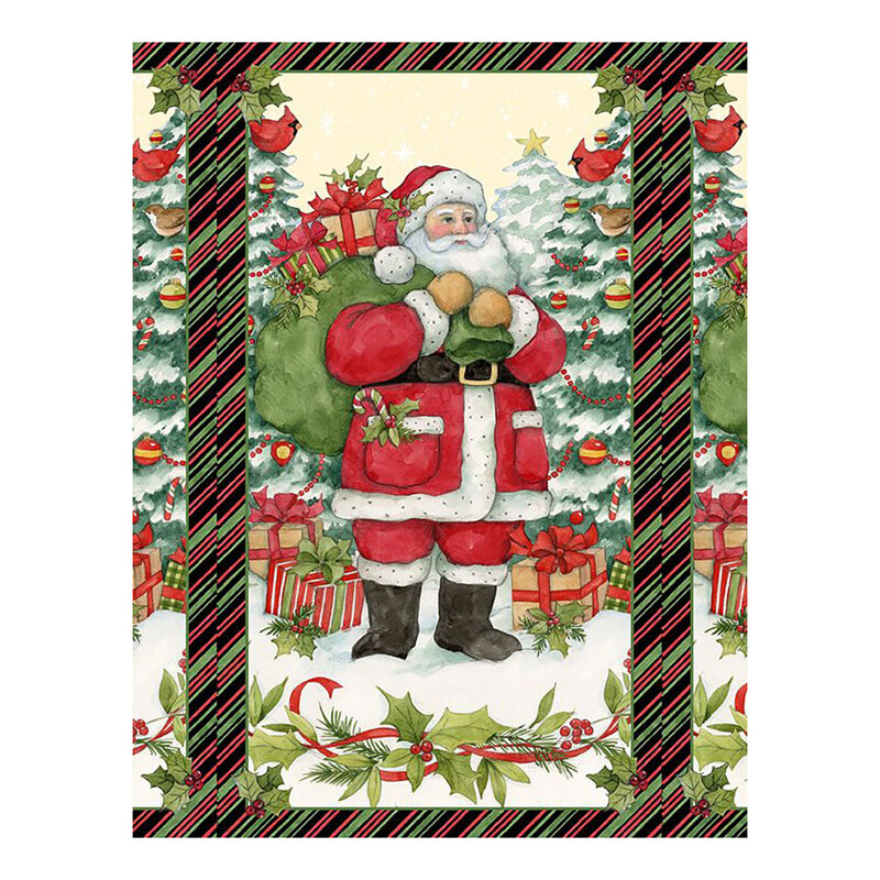 A Christmas panel of Santa carrying presents through a forest with a striped border.