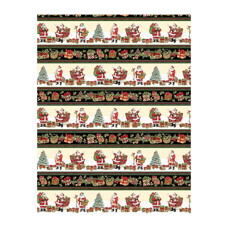 Border stripe with alternating rows of presents and Santa Clause in various poses.