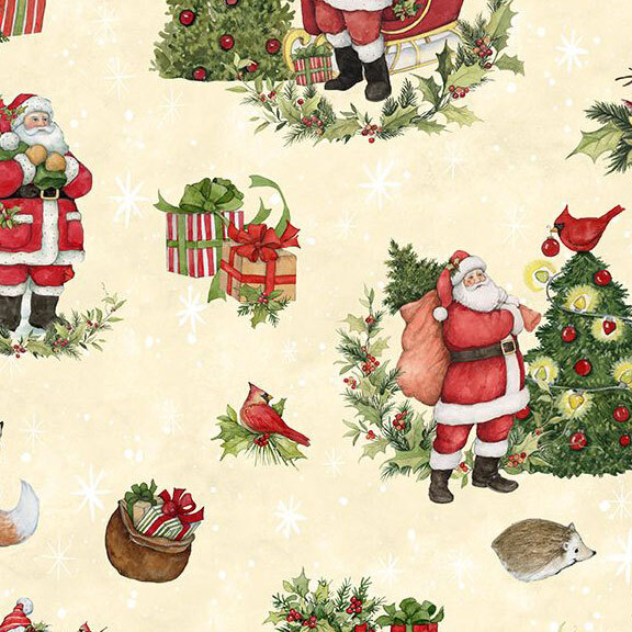 Cream fabric with Santa carrying a sack of presents next to a Christmas tree on a starry background.