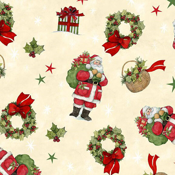 Cream fabric with tossed wreaths, stars, presents, holly, and Santa.