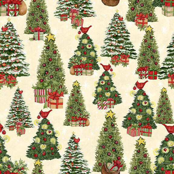 Cream fabric with various Christmas trees on a starry background.