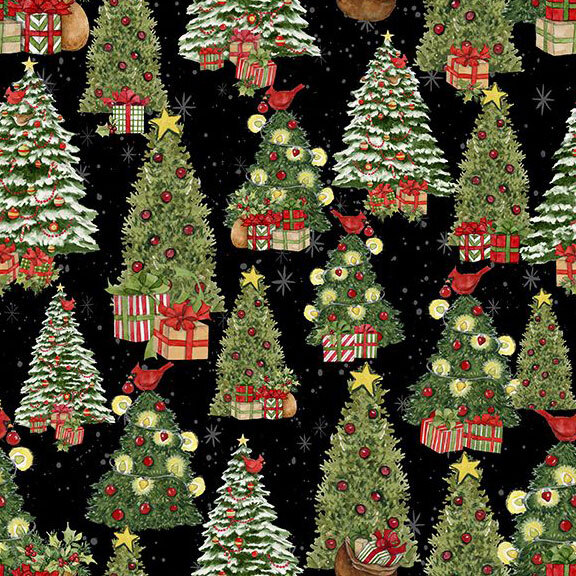 Black fabric with various Christmas trees on a starry background.