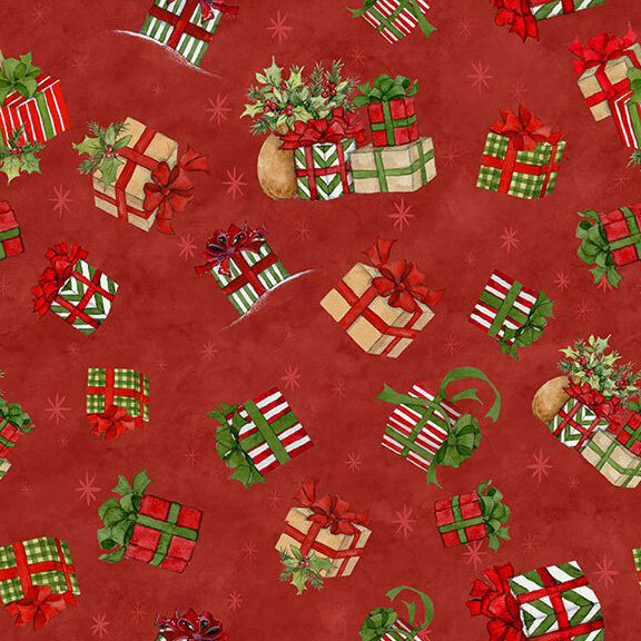 Red fabric with tossed presents on a starry background.