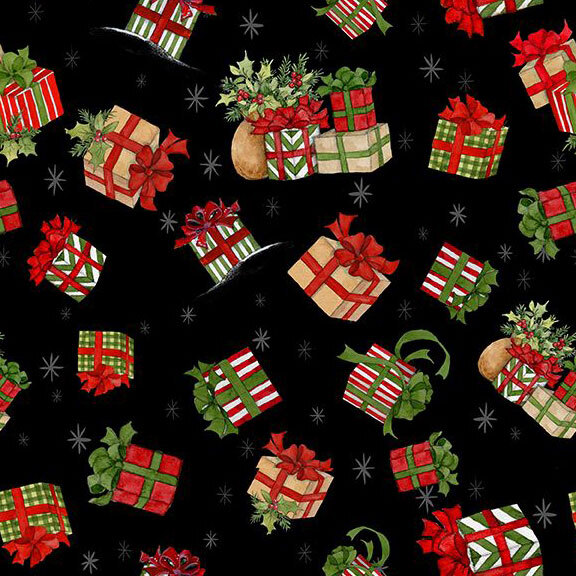 Black fabric with tossed presents on a starry background.