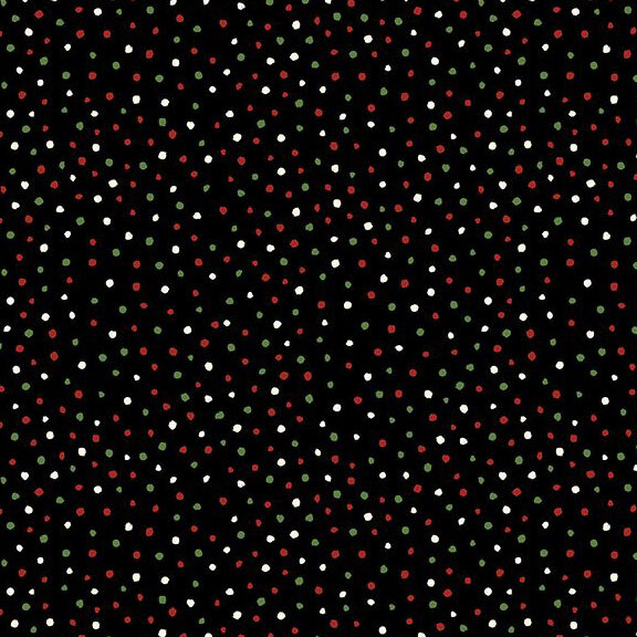 Black fabric with small red, white, and green dots.