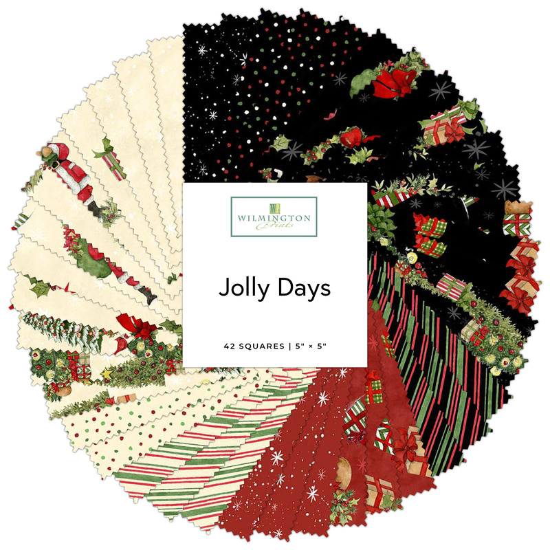 Digital collage of the 5" Square Bundle from the Jolly Days fabric collection.
