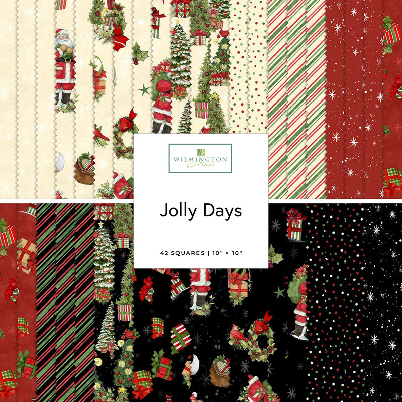 Digital collage of the 10" Square Bundle from the Jolly Days fabric collection.