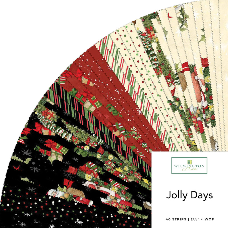 Digital fanned collage of the 2.5" Strips Bundle from the Jolly Days fabric collection.