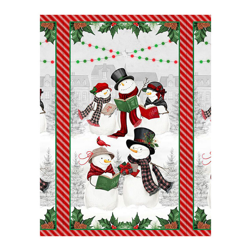 White panel with a scene of caroling snowmen, surrounded by a red striped border.