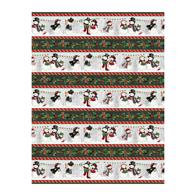 Border stripe fabric with alternating stripes of a leaf garland and caroling snowmen.