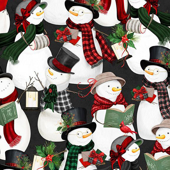 Black fabric with packed design of caroling snowmen.