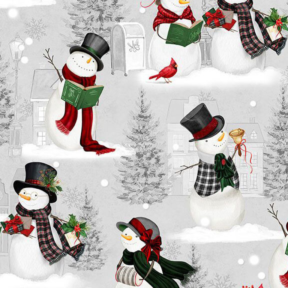 Gray fabric with scenes of various caroling snowmen.