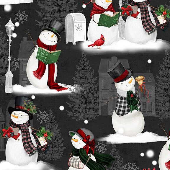 Black fabric with scenes of various caroling snowmen.