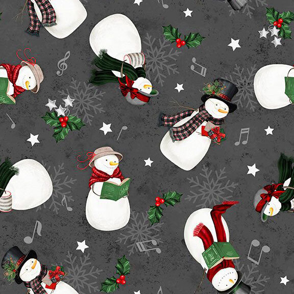 Dark gray textured fabric with tossed caroling snowmen and holiday motifs.