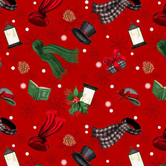 Red fabric with tossed hats, scarves, and accessories on a snowflake background.