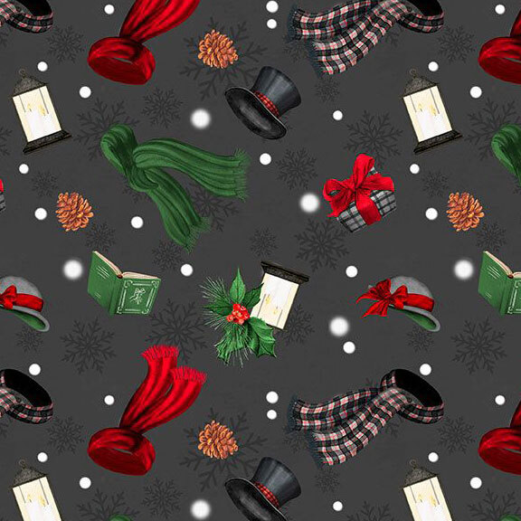 Dark gray fabric with tossed hats, scarves, and accessories on a snowflake background.