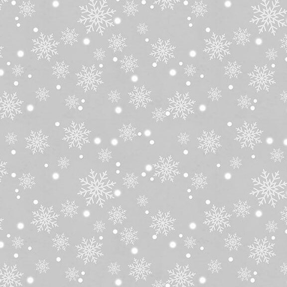 Gray fabric with tossed white snowflakes.
