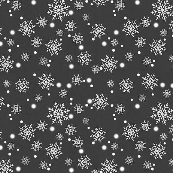 Black fabric with tossed white snowflakes.