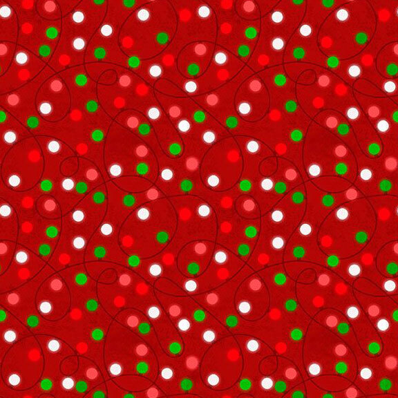 Red fabric with colorful strings of lights.