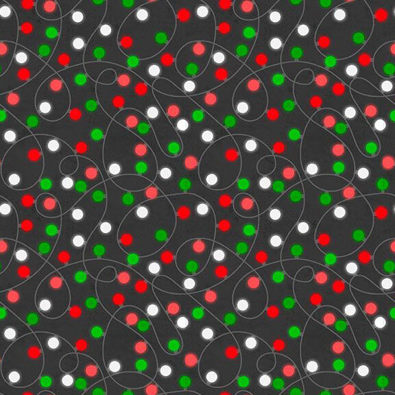 Black fabric with colorful strings of lights.