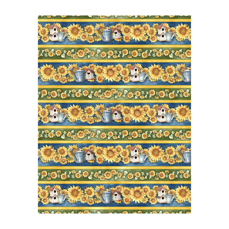 Mottled blue border print with rows of sunflowers, vines, watering cans, and birdhouses separated by yellow stripes.