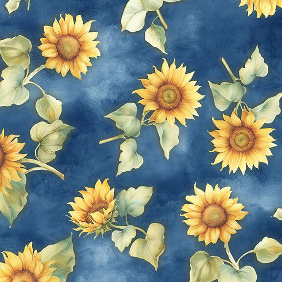 Mottled navy blue fabric with a tossed pattern of sunflowers.
