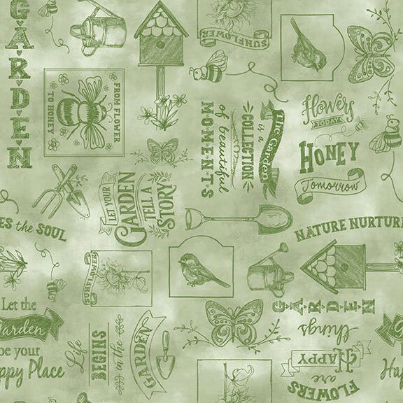 Mottled sage fabric with a scattered scene of birds, bees, garden supplies, inspiring quotes, and more!