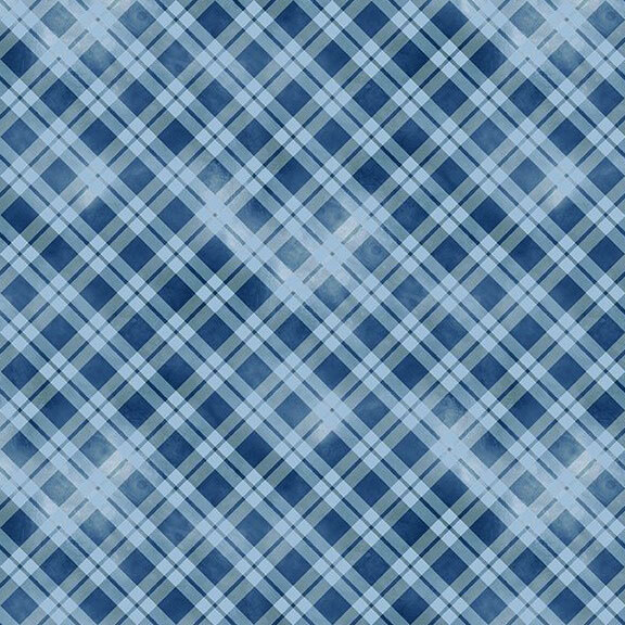 Mottled navy blue fabric with a biased light blue double-gingham pattern.