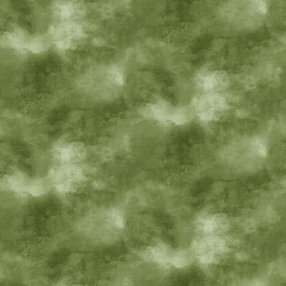 Fabric with a mottled, moss green pattern.