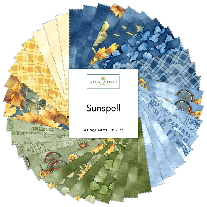 Digital collage of the 5" Square Bundle from the Sunspell fabric collection.